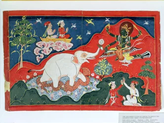 El Dios Vishnu Volando en Garuda para Rescatar al Rey Elefante de un Monstruo Acuático, Nepalí, c.1825